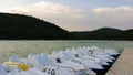 Catamaran. Boats, lake , sunset, beach, clouds Royalty Free Stock Photo