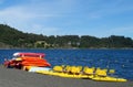 Catamaran boats for rent on a lake shore Royalty Free Stock Photo