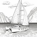 Monochromatic Sailing Ship Drawing With Mountain Background