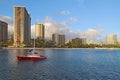 Catamaran and hotels on Waikiki beach Royalty Free Stock Photo