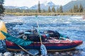 Catamaran for rafting on the taiga river. The Urals landscape. The Ural Mountains