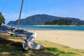 The beach at sunny Tairua on the Coromandel Peninsula, New Zealand Royalty Free Stock Photo