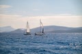 Catamaran sail Yacht cruising on deep blue sea water