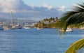 The catamaran and sailboats anchored in waters of caribbean beach Royalty Free Stock Photo