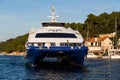 Catamaran slows as it approaches Mljet