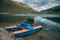 catamaran stands on the shore of the lake Royalty Free Stock Photo