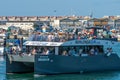 Catamaran vessel of the company Berlengatur with tourists arriving in Peniche, Portugal