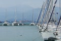 Catamaran yachts docked at the pier in Fethiye Marina, Mugla, Turkey. Royalty Free Stock Photo
