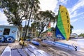 Sail boats pulled up at a resort hotel on Paynes Bay Beach West Coast Barbados