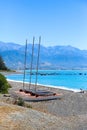 Catamarans on Kaikoura pebble Beach, New Zealand