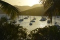 Catamarans and sailboats at the anchorage at Pusser`s Marina Cay at sunset, Marina Cay, BVI