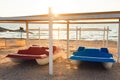 Catamarans in sunlight on beach. Royalty Free Stock Photo