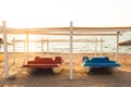 Catamarans in sunlight on beach. Royalty Free Stock Photo