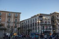 Catania historical buildings facing via etnea in central square, shops and urban life