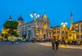 CATANIA, ITALY, APRIL 28, 2017: Night view of the cathedral of saint agatha and an elephant fountain in Catania, Sicily, Italy Royalty Free Stock Photo