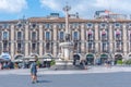 Catania, Italy, September 5, 2021: People are passing by the Elephant fountain in Catania, Sicily, Italy