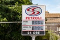 CATANIA, SICILY - FEBRUARY 12, 2020: The banner of a small S.S. Petroli gas station which sells Diesel and Senza PB petrol fuels