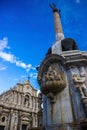 Catania Sicily Italy Baroque basement view of elephant statue monument and blured cathedral