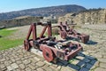Landmark attraction in Veliko Tarnovo, Bulgaria. Catapults in the Tsarevets fortress Royalty Free Stock Photo