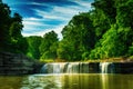 Rushing waterfall over rocks during summertime with white clouds in the sky Royalty Free Stock Photo