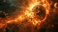 Catastrophic explosion of a planet in deep space surrounded by asteroids and stellar debris Royalty Free Stock Photo