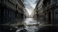 Catastrophic flood in a European city. Water flooded the streets.