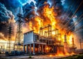 Catastrophic Transformer Explosion at Power Plant HighVoltage Insulator Failure Leads to Devastating Fire and Damage Royalty Free Stock Photo