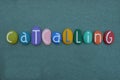 Catcalling, creative word composed with multi colored stone letters over green sand Royalty Free Stock Photo