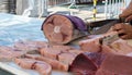 Catch of the day for sale on daily fish market in old port of Marseille, Provence, France. Fresh Swordfish in assortment Royalty Free Stock Photo