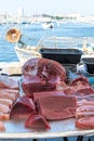Catch of the day for sale on daily fish market in old port of Marseille, Provence, France. Fresh tuna fish in assortment Royalty Free Stock Photo