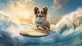 Catch the Surfing Spirit Smiling Papillon Dog Riding the Waves - Generative AI Royalty Free Stock Photo