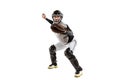 Baseball player, catcher in action in white sports uniform and equipment practicing isolated on a white studio Royalty Free Stock Photo