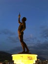Catcher of a Cross monument illuminated at dusk, Lake Ohrid, Macedonia Royalty Free Stock Photo