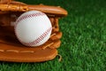 Catcher`s mitt and baseball ball on green grass, closeup with space for text. Sports game Royalty Free Stock Photo