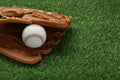 Catcher`s mitt and baseball ball on green grass, space for text. Sports game Royalty Free Stock Photo