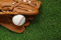 Catcher\'s mitt and baseball ball on green grass, top view with space for text. Sports game Royalty Free Stock Photo