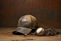 a catchers helmet and a baseball cap arranged on the pitchers mound Royalty Free Stock Photo