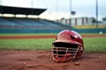 catchers helmet on the pitchers mound with a blurred baseball field in the background Royalty Free Stock Photo