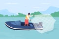 Catching fish with casting net flat color vector illustration