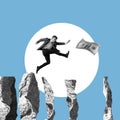 Young manager, finance analyst or clerk jumping at office isolated on light rock background. Collage