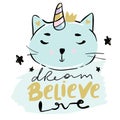 Catcorn. Lovely cartoon cat unicorn face and lettering text on white background. Cute vector for clothing print and Royalty Free Stock Photo