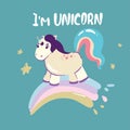 Catcorn. Lovely cartoon cat unicorn face and lettering text on white background. Cute vector for clothing print and Royalty Free Stock Photo