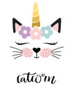 Catcorn. Lovely, cartoon cat unicorn and lettering text on polca dot background. Cute vector for clothing print, children print on Royalty Free Stock Photo