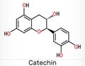 Catechin, flavonoid, C15H14O6 molecule. It is flavanol, a type of natural phenol and antioxidant. Skeletal chemical formula