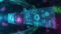 Futuristic digital interface with glowing geometric shapes and data streams in a dark space environment Keywords: technology, Royalty Free Stock Photo