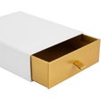 White Drawer Box with Gold Interior and Pull Tab on White Background Royalty Free Stock Photo