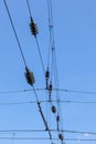 catenary under blue sky for electrified trains Royalty Free Stock Photo