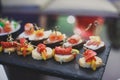 Catering banquet table with different food snacks and appetizers on corporate christmas birthday party event