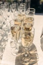 catering. beautiful glasses of champagne with bubbles on the table in the sun. serving. party. wedding