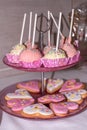 Catering for birthday party. Close up of sweet cute pink desserts served on table